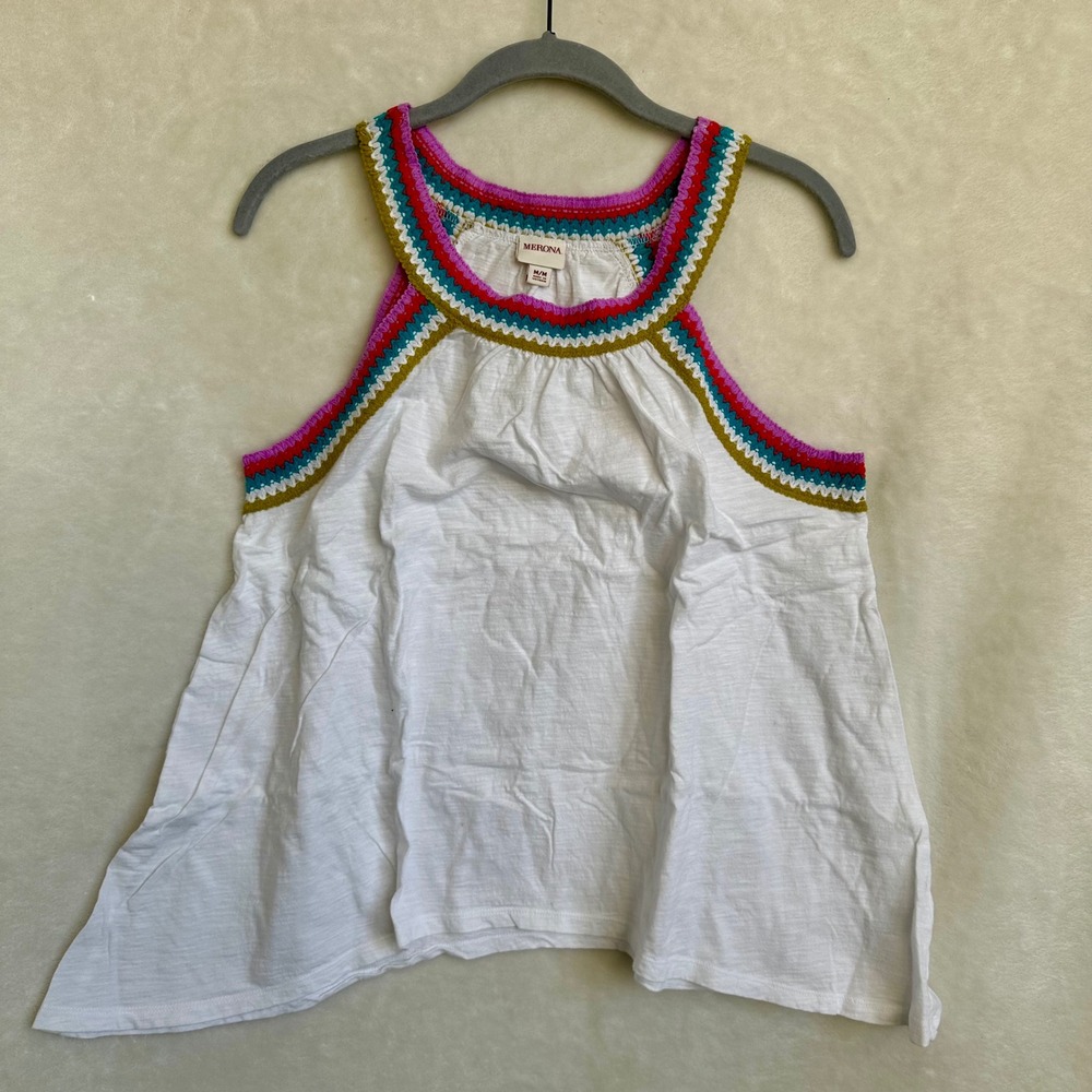 Merona Crochet Halter Tank Top M Medium‎ White Multicolor Embroidered Boho Shirt